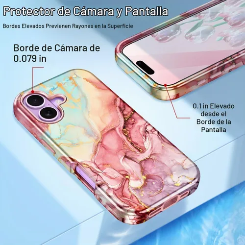 Vista 3 de Btscase Funda compatible con iPhone 17 de 6.3 pulgadas 2025, patrón de mármol 3 en 1, resistente a prueba de golpes, cuerpo completo, policarbonato