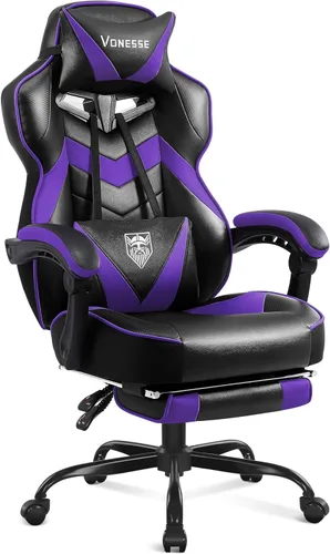 Vista 13 de Vonesse Silla para videojuegos, silla de juegos de respaldo alto con reposapiés y masaje, sillas de juegos para adultos con cojín de resorte