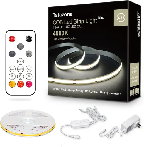 Vista 9 de Tatazone Tira de luces LED COB blancas Max con control remoto RF, 16.4 pies 2700K CRI93+ regulable, tira de luz COB blanca cálida ultra brillante