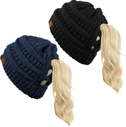 Vista 15 de Funky Junque - Gorro de coleta para mujer – Gorro de invierno con cola de caballo cruzada para mujer, cálidos y lindos gorros de punto con cola