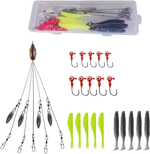 Vista 2 de Alabama Rig Kit de 5 brazos Alabama Umbrella Rig Bass Fishing Kit un aparejo de pesca señuelos de pesca con cola de paleta preaparejada Swimbaits