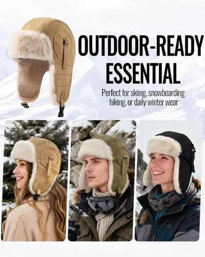 Vista 9 de CLAPE Men Winter Trapper Hat Warm Thick Trooper Hats with Ear Flaps Russian Ushanka Hat Hunting Ski Cap