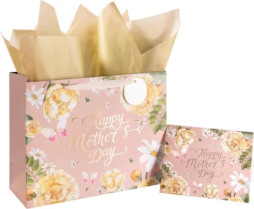 Vista 8 de LeZakaa Bolsa de regalo para el día de la madre, letras del día de la madre, diseño floral rosa, mariposa y papel de aluminio rosa, bolsa de regalo