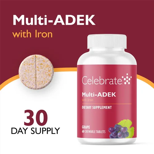 Vista 2 de Celebrate Vitamins Multi ADEK Masticables, 60 mg de hierro, multivitamínico bariátrico diario, vitaminas A, D, E, K y B12 para pacientes con cirugía