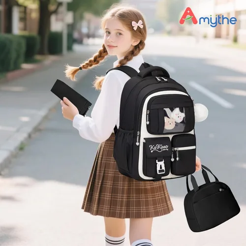Vista 2 de Juego de mochila para niñas con lonchera de 3 piezas, juego de mochila escolar kawaii para niños de primaria y secundaria, mochila linda y liviana