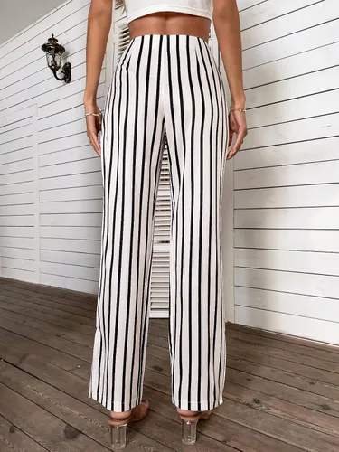 Vista 2 de SweatyRocks Pantalones largos de cintura alta elásticos a rayas verticales para mujer