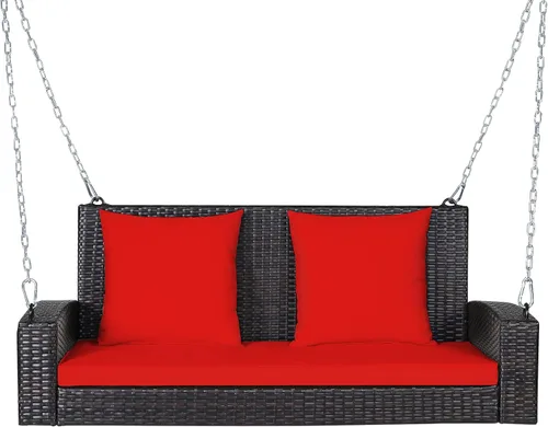 Vista 10 de RELAX4LIFE - Columpio de mimbre de 2 asientos, con dos cadenas de acero sólido de 7.9 pies, cómodos cojines de respaldo y asiento, para pórtico