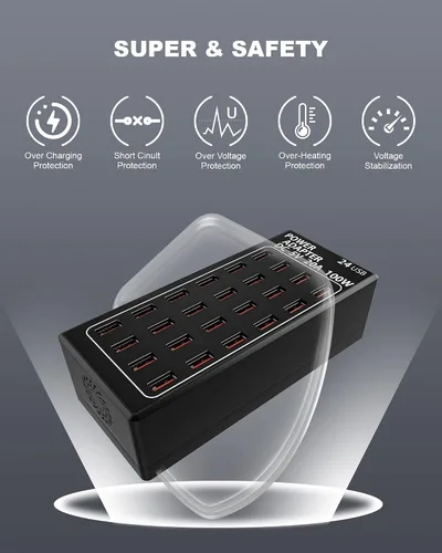 Vista 5 de Cinlinso - Estación de carga USB, 24 puertos 100 W (20 A), cargador rápido USB multipuerto con detección inteligente para teléfonos inteligentes