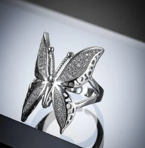 Vista 3 de Awmnjtmgpw - Anillo de compromiso de plata de ley 925 con diseño de mariposa brillante, plegable, con apertura ajustable