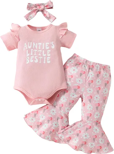 Vista 71 de Sejardin Ropa de verano para bebé y niña, recién nacida, manga corta, con letras, mameluco elástico con diadema