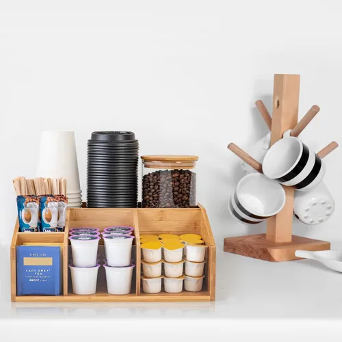 Vista 4 de Organizador de estación de café de bambú para encimera, organizador de accesorios de barra de café con 6 compartimentos para bolsas de té