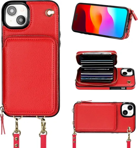 Vista 9 de Bocasal Funda tipo cartera cruzada para iPhone 15 Plus, funda de piel con bloqueo RFID y soporte para tarjetas, funda protectora con cremallera