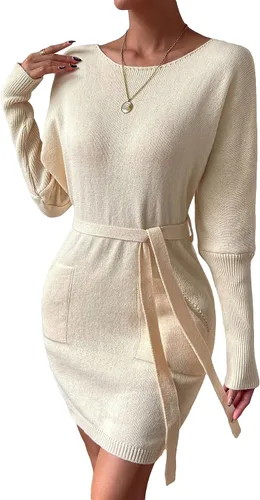 Vista 6 de Verdusa Vestido de manga larga con cuello barco y cinturón para mujer con bolsillo