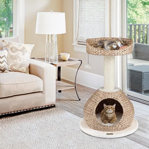 Vista 2 de PETSITE Árbol para gatos moderno de 28 pulgadas, poste rascador de sisal de sisal de torre para gatos, hecho a mano y percha superior, bola colgante