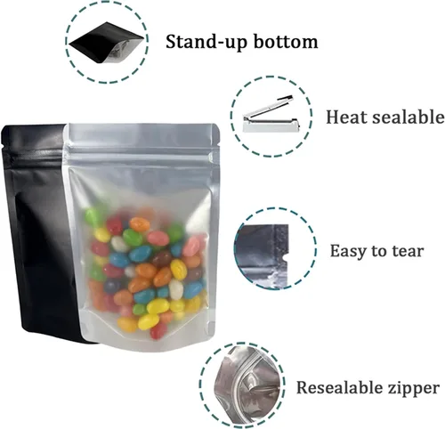 Vista 6 de PABCK 50 bolsas resellables de Mylar color negro, bolsas autosellables para almacenamiento de alimentos, dulces y café, bolsas de plástico