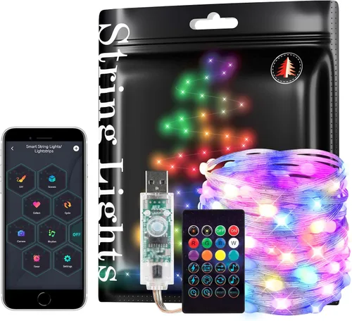 Vista 11 de WS2812B - Guirnalda de luces inteligentes de 33 pies, USB, Bluetooth, con temporizador y control remoto, sincronización de música, modos divertidos