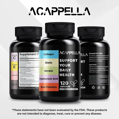 Vista 6 de ACAPPELLA Queratina Saw Palmetto con cápsulas de ácido hialurónico DHT Blocker Vitaminas Ácido Fólico Suplementos de colágeno para mujeres y hombres