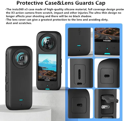 Vista 2 de Kit de accesorios 7 en 1 compatible con Insta360 X3 [funda de silicona para cámara] [cubierta protectora de lente] [película protectora de pantalla]