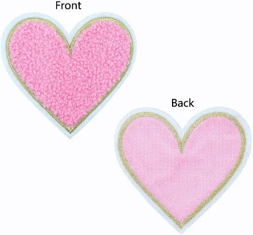 Vista 3 de 12 parches de corazón rosa con forma de corazón, parches de bordado de chenilla rosa para ropa decorativa de bricolaje