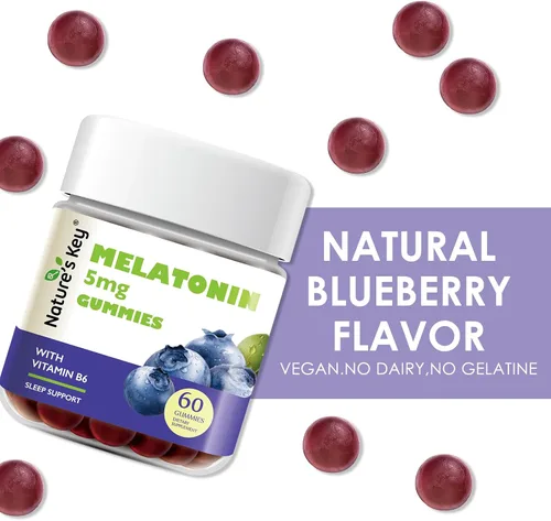 Vista 6 de Nature's Key Gomitas de melatonina para niños y adultos, gomitas de dosis de 5 mg con vitamina B6, sin OMG, sin gluten, sabor natural a arándanos