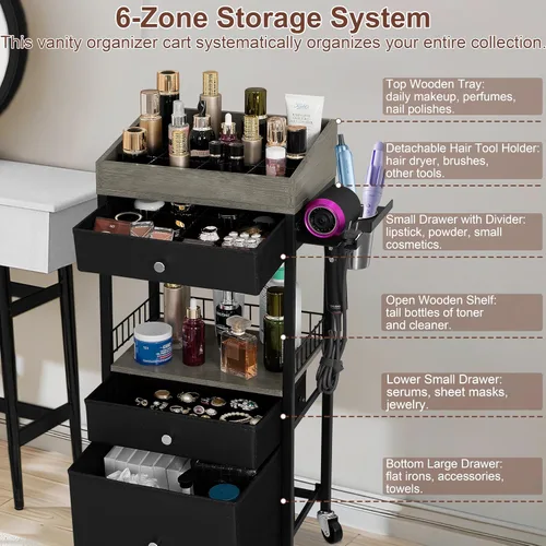 Vista 3 de Carrito organizador de maquillaje con 3 cajones, carrito de almacenamiento de cosméticos rodante con divisores ajustables, soporte de herramientas