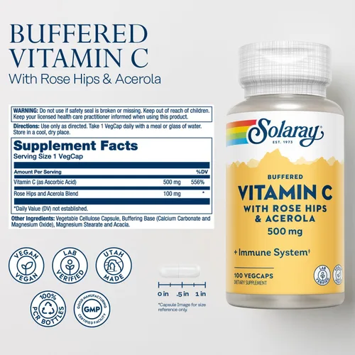 Vista 2 de SOLARAY Vitamina C tamponada de 500 mg - Plus Rose HIPS y Acerola - Suplemento de apoyo inmunológico - Vegano, verificado por laboratorio, garantía