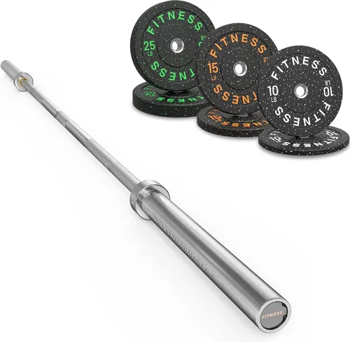 Vista 16 de Olympic Barbell Set, 2-Inch Bumper Plates with Weight Plate Rack Colored Crumb Rubber Weight Plates for Weight Lifting & Strength Training, 90–530
