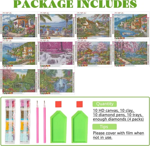 Vista 3 de Tontut Paquete de 10 kits de pintura de diamantes para adultos, arte de diamantes de paisaje, pintura de diamantes de alta definición, arte