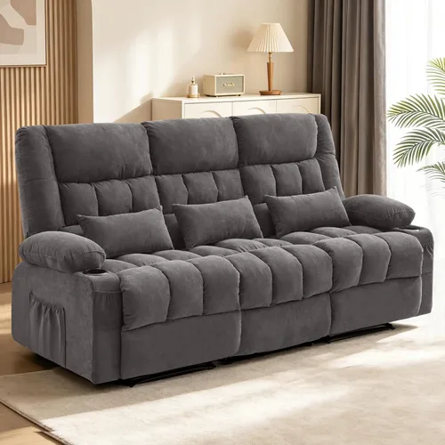 Vista 10 de MAHOMICO Sofá reclinable con portavasos para sala de estar, manual de 3 asientos, sillón reclinable de gran tamaño con ergonómico, bolsillo lateral
