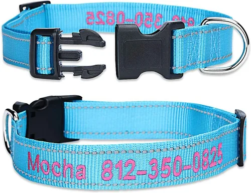 Vista 3 de Collar de perro personalizado, nombre de mascota bordado personalizado y número de teléfono, 4 tamaños ajustables, XS, pequeño, mediano, grande