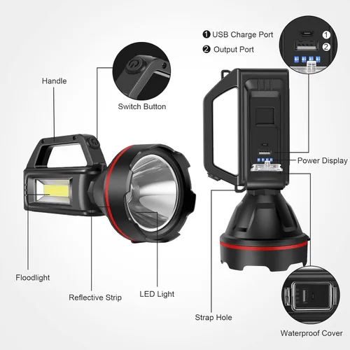 Vista 2 de Linterna recargable con reflector, reflector de mano de alto lúmenes, linterna LED con correa para el hombro y salida USB para huracanes