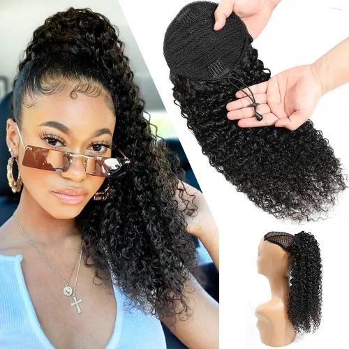 Vista 13 de Extensiones de cola de caballo con correa de cabello humano rizado, 100% cabello brasileño sin procesar, cola de caballo, pasta mágica con clip