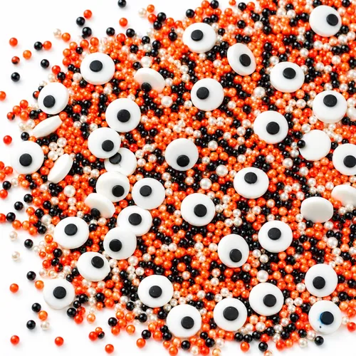 Vista 10 de Confect Mezcla de espolvorear de Halloween – Bolas de discoteca blancas, naranjas, moradas, negras y verdes, ojos de caramelo y jimmies – Gránulos
