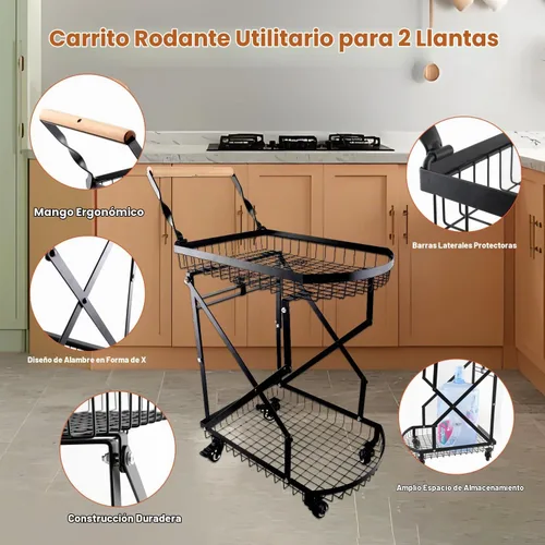 Vista 2 de Carrito de compras de metal plegable de 2 niveles sobre ruedas,Carro utilitario plegable
