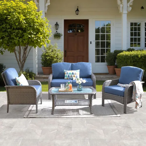 Vista 18 de ovios - Juego de muebles de patio de 2 piezas, sofá de mimbre para exteriores con sillas, silla de ratán con respaldo alto con cómodos cojines