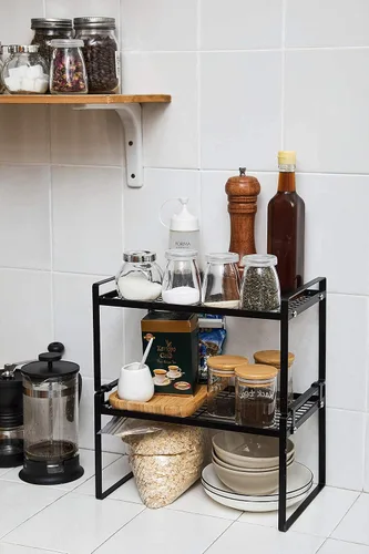 Vista 6 de Shantton Paquete de 2 estantes de gabinete de cocina, estante organizador de despensa, baño, dormitorio, oficina, mesa, escritorio, ahorro
