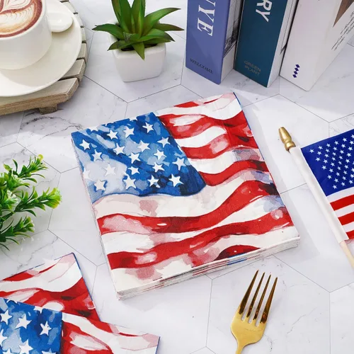 Vista 4 de JarThenaAMCS 80 servilletas de papel patrióticas con la bandera estadounidense, servilletas desechables del 4 de julio, servilletas de almuerzo