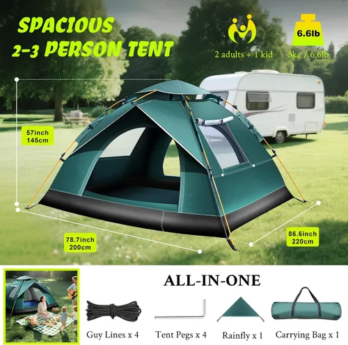 Vista 7 de Tienda de campaña para 2-3 personas, tienda de campaña automática instantánea para camping, fácil y rápida, tienda de campaña impermeable, tienda