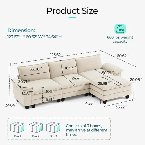 Vista 2 de LINSY HOME Sofá modular Cloud de 123 pulgadas para sala de estar, sofá en forma de L con tela de pana, sofá de gran tamaño de 3 plazas con otomana