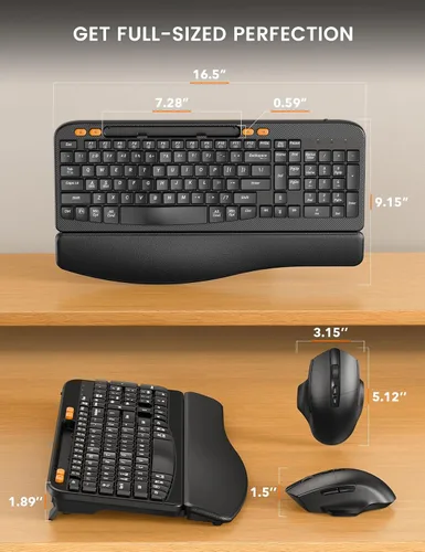 Vista 9 de SABLUTE - Combo de teclado y mouse inalámbricos ergonómicos con llave Wave Leather Soft Palm Rest, Rechargeable, 4-Level DPI, Phone Holder