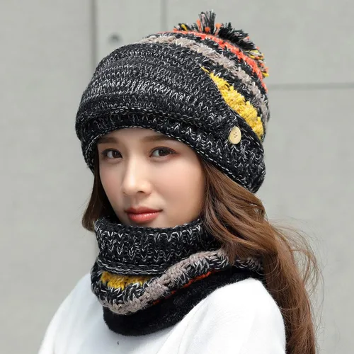 Vista 4 de Conjunto de 3 piezas para mujer, gorro de esquí, nieve, cuello, bufanda, máscara facial, pasamontañas, gorro de forro polar de punto de invierno