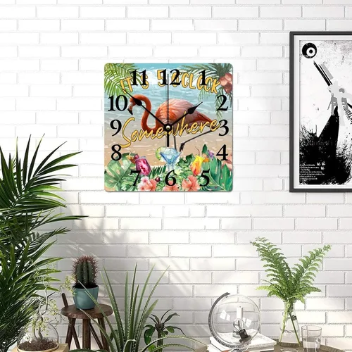 Vista 8 de Reloj de pared de madera con texto en inglés "It's Five O'clock Somewhere Flamingo with Big Numbers", reloj de pared cuadrado, estilo estético