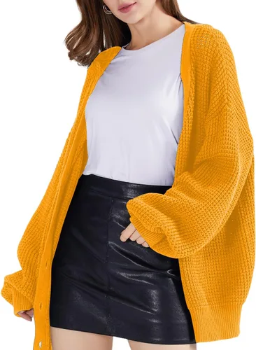 Vista 6 de QUALFORT - Suéter tipo cárdigan de punto para mujer, 100% algodón, de manga larga, con botones y de gran