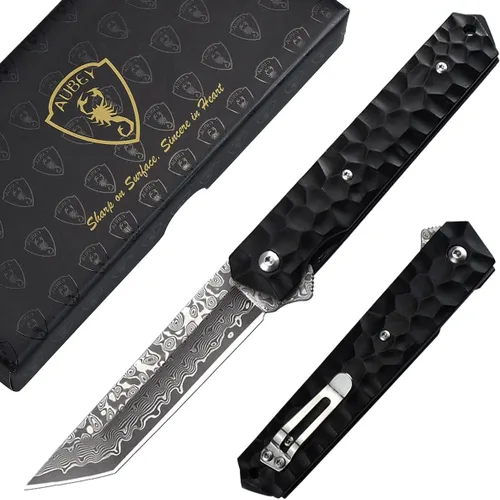 Vista 9 de AUBEY Damascus Axis Lock - Cuchillo de bolsillo con bloqueo de barra transversal de 3.46 pulgadas, cuchillos plegables con clip para hombres y Mango