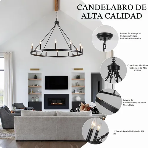 Vista 5 de Candelabro de rueda de carro, 12 luces de 38 pulgadas, lámpara de granja Luz negra-12