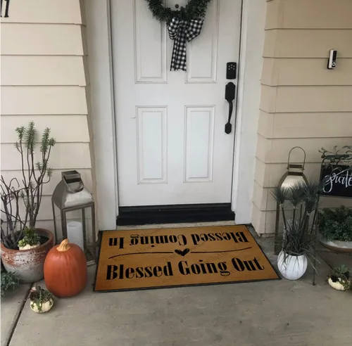 Vista 4 de Tapete para puerta delantera, para entrada interior, con texto en inglés "Blessed Coming in Blessed Going Out", alfombra de entrada