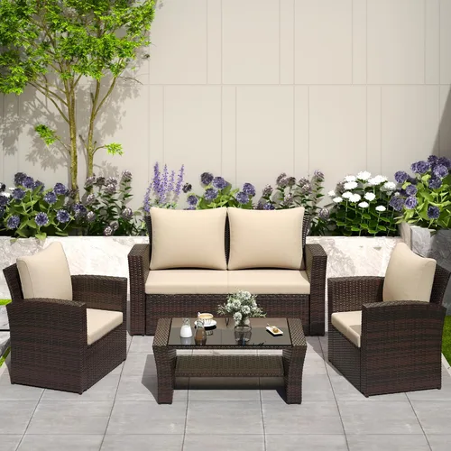 Vista 10 de Solaste Juego de muebles de patio al aire libre de 4 piezas, sofá seccional para exteriores con mesa de centro de vidrio templado y cojines, juego