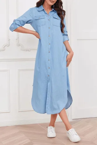 Vista 4 de Vestido camisero midi de mezclilla de manga larga para mujer