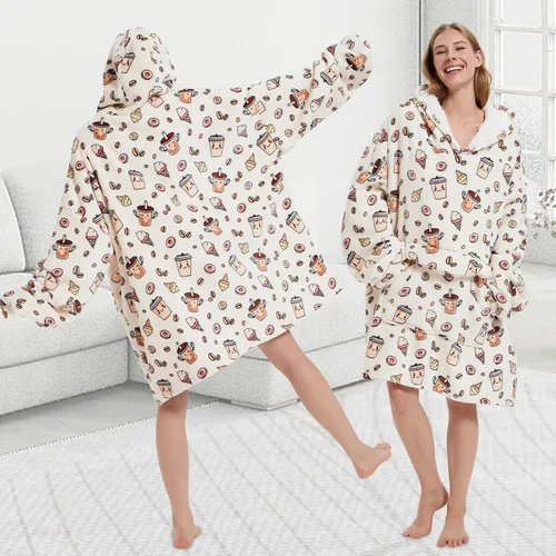 Vista 5 de Mewkou Manta con capucha para adultos, manta de forro polar Sherpa de gran tamaño con capucha para mujeres y hombres, café