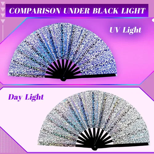 Vista 4 de Abanico de mano grande de 13 pulgadas con luz UV para baile en línea, abanico plegable para botas en el suelo, actuación, boda, fiesta - abanico